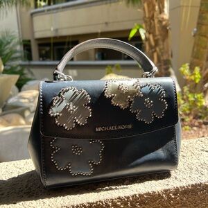 Michael Kors bag, floral print, Navy blue leather